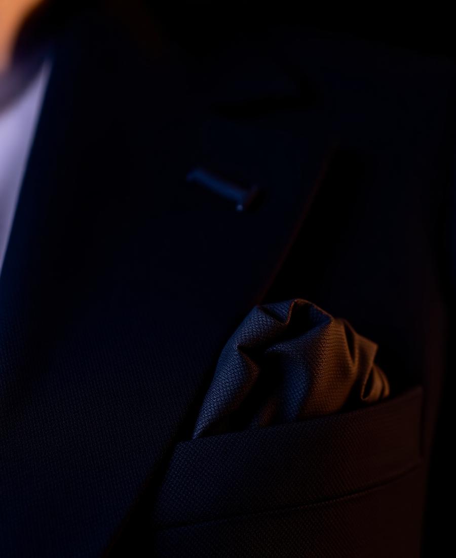 Close detail of a navy jacket lapel and pocket square
