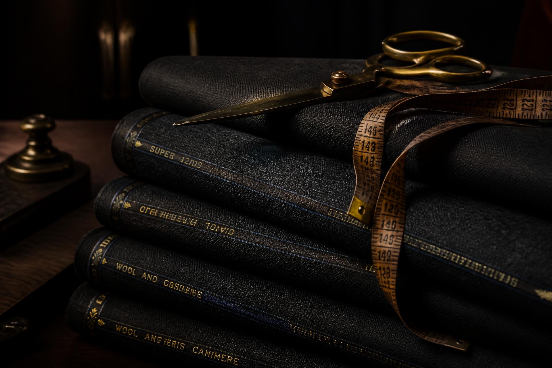 Charcoal wool suiting cloth with brass tailor's shears and a measuring tape